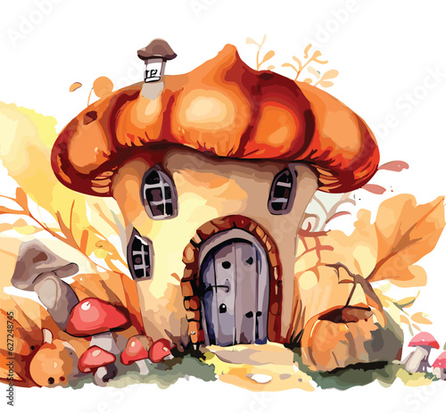 Watercolor Fairy Mushroom House in autumn
