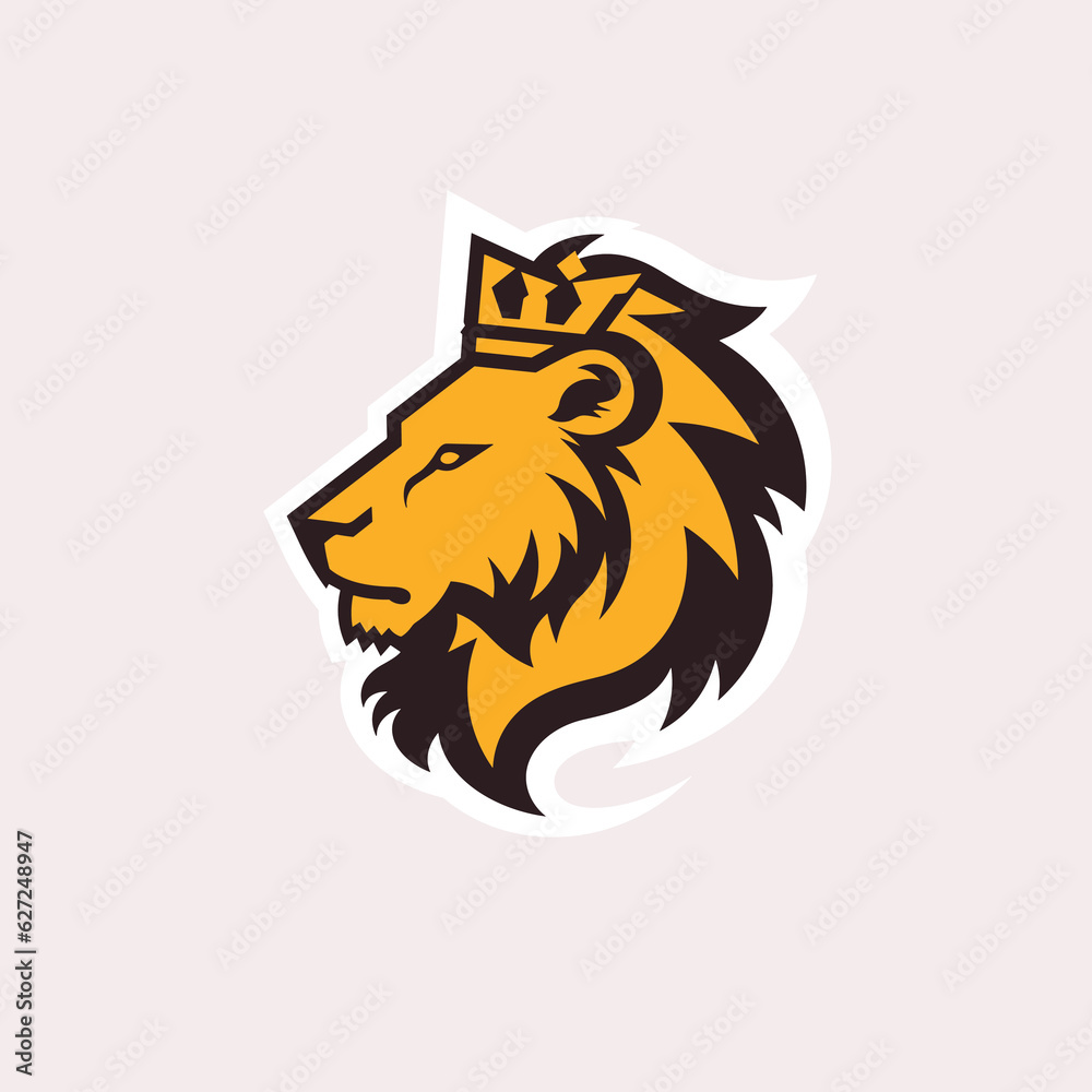 Elegant lion logo design illustration, lion head with crown logo, lion elegant symbol