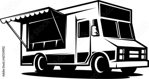 Illustration of an food truck. Design element for emblem, sign, badge. Vector illustration