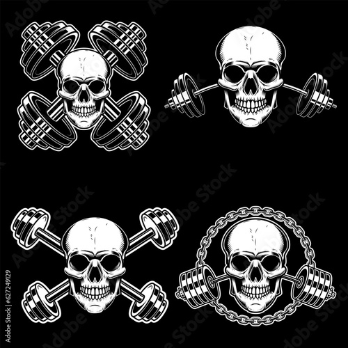 Skull with crossed gym barbells. Gym consept. Design element for logo, label, sign, poster.