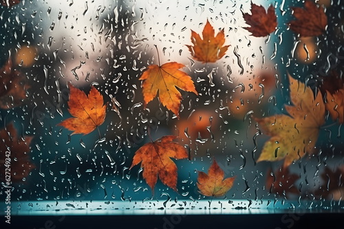 Canvastavla Rainy day with autumn leaves on window glass outdoor