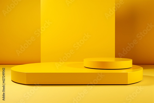 Podium, Pedestal Display for Product Placement. Product Presentation Backdrop. Yellow Cylinder Stand Showcase. 3d minimal Scene. generative ai