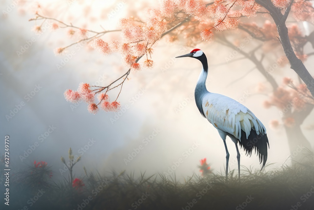 Naklejka premium Spring scenery crane. Generate Ai