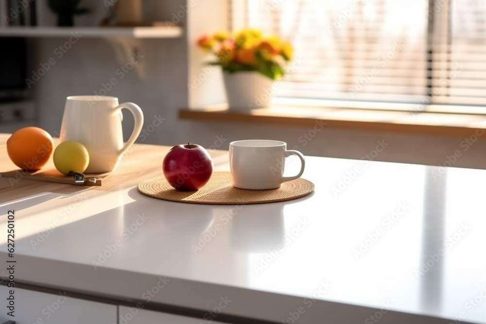custom made wallpaper toronto digitalDesk of free space and kitchen interior, wooden table, kitchen window and shelves. Aesthetic photo, macro close up, bright tone. AI Generative