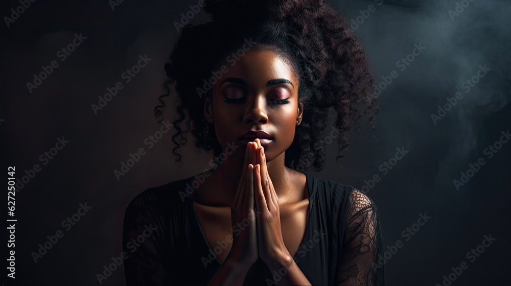 Black Woman Praying for Faith and Help from God. Powerful African-American Person Seeking Strength and Overcoming Worry through Prayer: Generative AI - obrazy, fototapety, plakaty 
