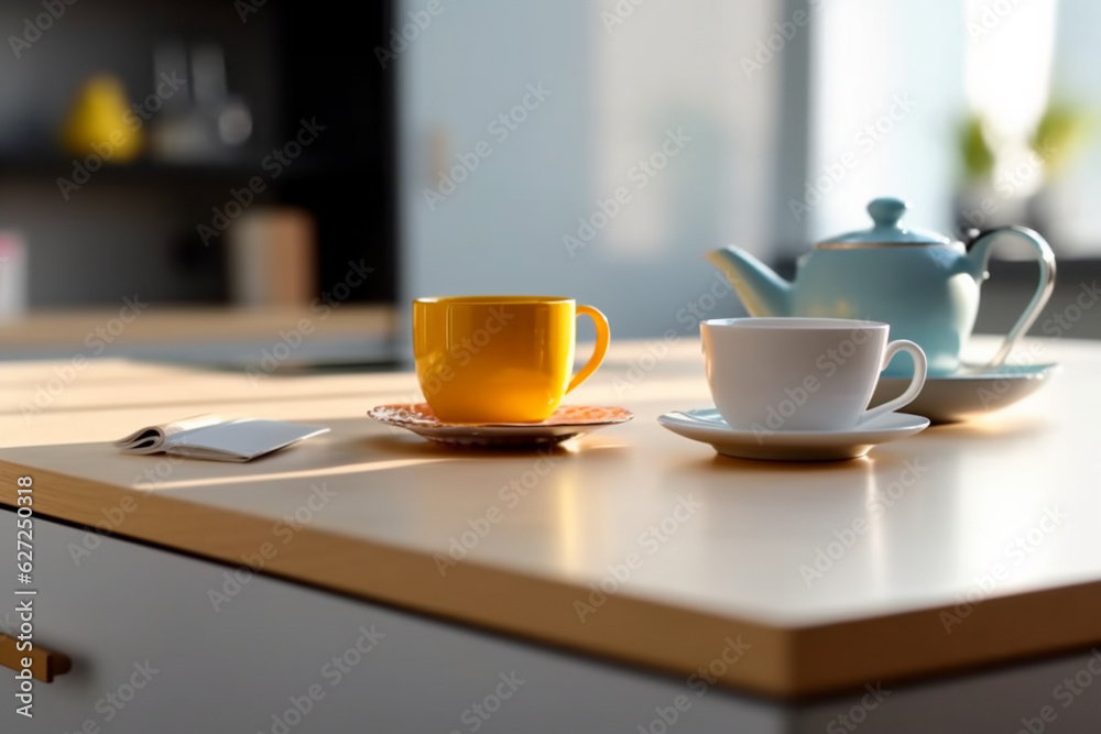 Desk of free space and kitchen interior, wooden table, kitchen window and shelves. Aesthetic photo, macro close up, bright tone. AI Generative Desk of free space and kitchen interior, wooden table, kitchen window and shelves. Aesthetic photo, macro close up, bright tone. AI Generative