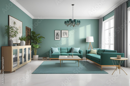 Modern Vintage interior living room, Blueprint home decor concept, green sofa with marble table against blue wall and Wooden Floor, 3d rendering © Nyetock