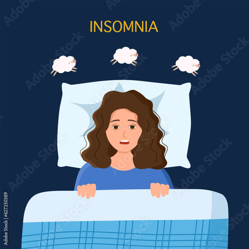 Sleepless woman suffering from insomnia and counting sheep. Female with open eyes in darkness night lying on bed concept vector illustration. Young woman try to sleep under blanket.