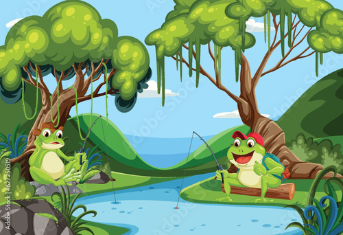Fototapeta Naklejka Na Ścianę i Meble -  Cartoon Frogs in the Forest