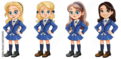 Cute girl in different races student in uniform set