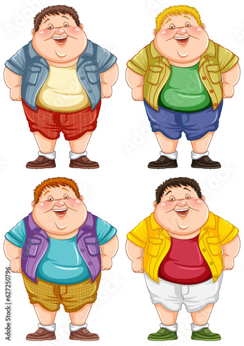 Set of overweight boy cartoon character in different outfit