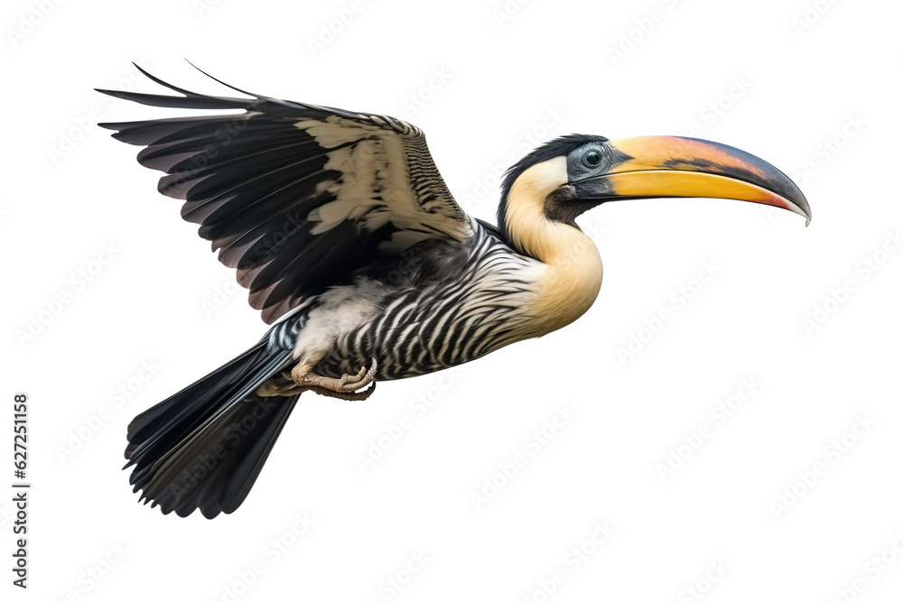 Obraz premium Image of a hornbill is flapping its wings fly on a white background. Wild Animals. Birds. Illustration. Generative AI.