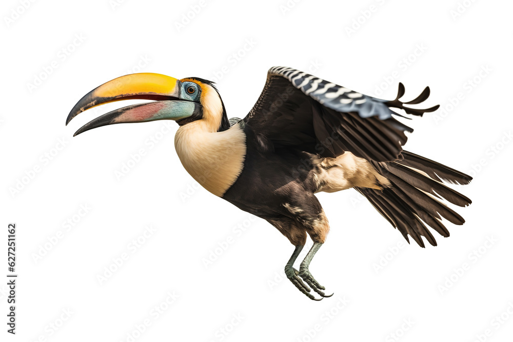 Obraz premium Image of a hornbill is flapping its wings fly on a white background. Wild Animals. Birds. Illustration. Generative AI.