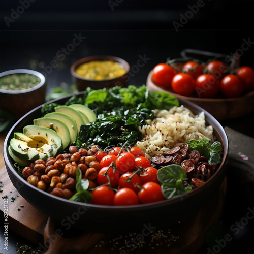 Vegan bowl. Tomatoes, avocados, greens, healthy food