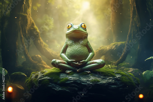 Green frog sits in meditation to calm his mind in the forest. Amphibian, Illustration, Generative AI. © yod67