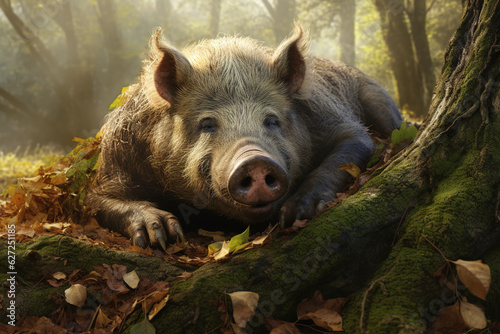 Image of wild boar in the fertile forest. Wildlife Animals. Illustration, Generative AI.