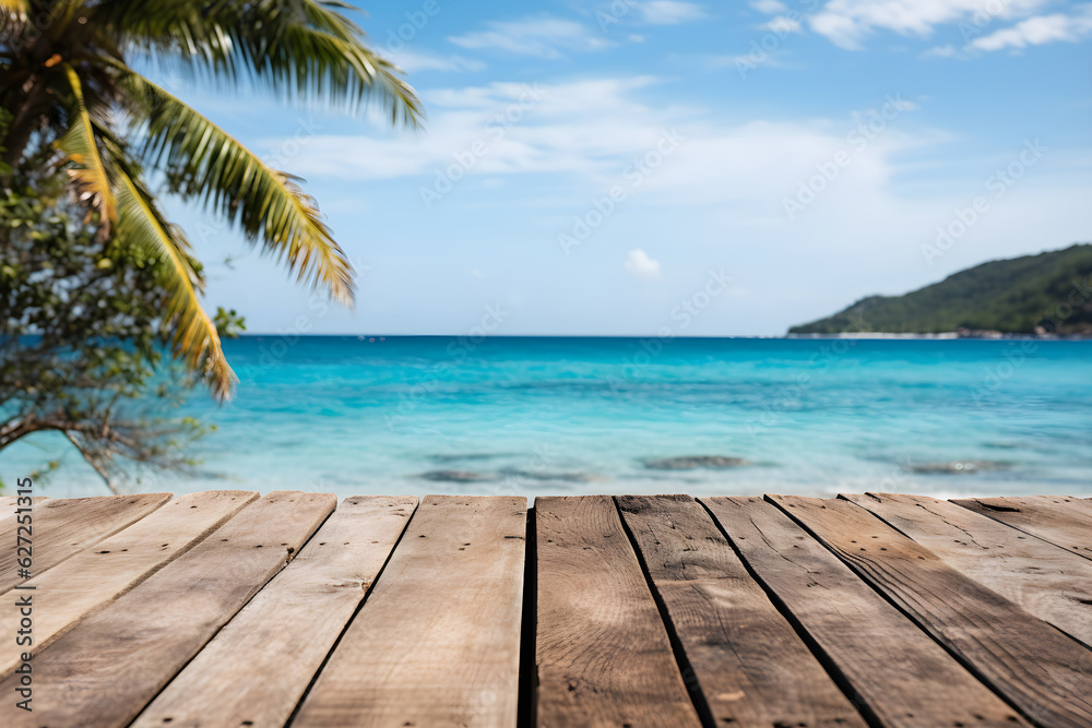 Fototapeta premium Showcase Organic Products Space on Wooden Table with Beach Scenery