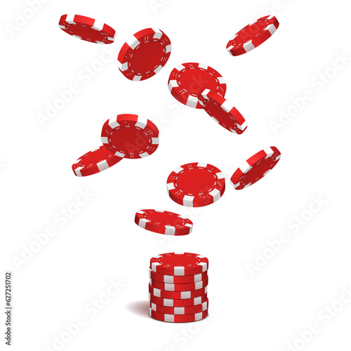 Falling red poker chips on white background. Vector illustration.