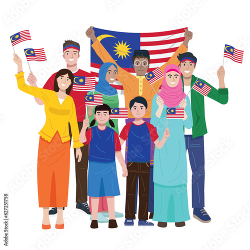 Independence day, Illustration of Malysian people holding small flags