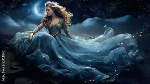 Tableau sur toile **Celestial Elegance**: A portrait of a girl with luminous celestial-themed clothing and accessories, such as a flowing dress adorned with stars and a moon-shaped pendant