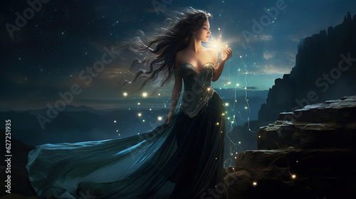 **Celestial Elegance**: A portrait of a girl with luminous celestial-themed clothing and accessories, such as a flowing dress adorned with stars and a moon-shaped pendant. 