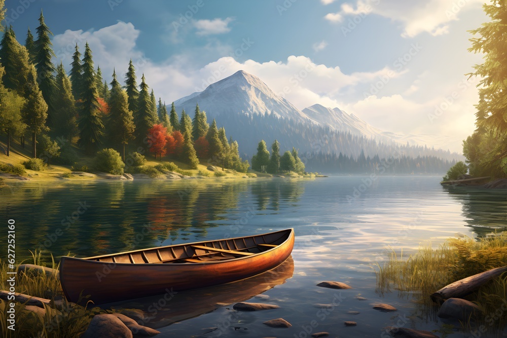 A tranquil lakeside scene, with a rowboat gently floating on calm waters, surrounded by towering trees and a serene ambiance.