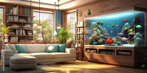 Modern living room aquarium, with aquarium in corner, panoramic windows
