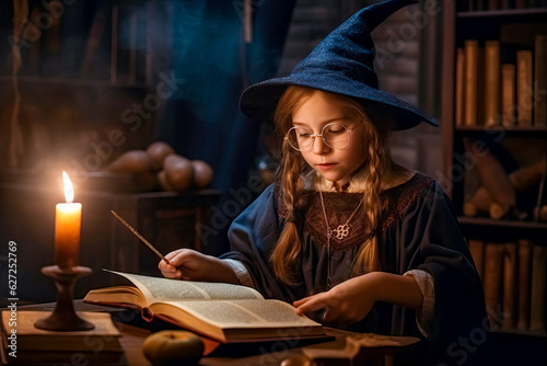 Obraz na plátne Little girl witch in witches hat with wand makes a spell using magic book