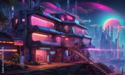 City Village With Retrowave Style background