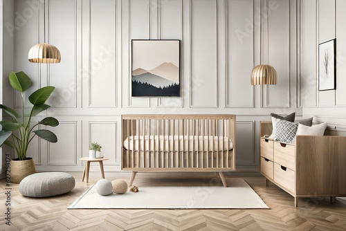 Stylish scandinavian newborn baby room boho style with wooden two mock up poster frame, toys, armchair and child accessories
