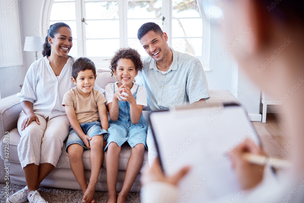 Parents, children and psychology with family therapy, smile and together on sofa, support and discussion. Young kids, mom and dad on couch with psychologist, listening and talking for mental health Parents, children and psychology with family therapy, smile and together on sofa, support and discussion. Young kids, mom and dad on couch with psychologist, listening and talking for mental health