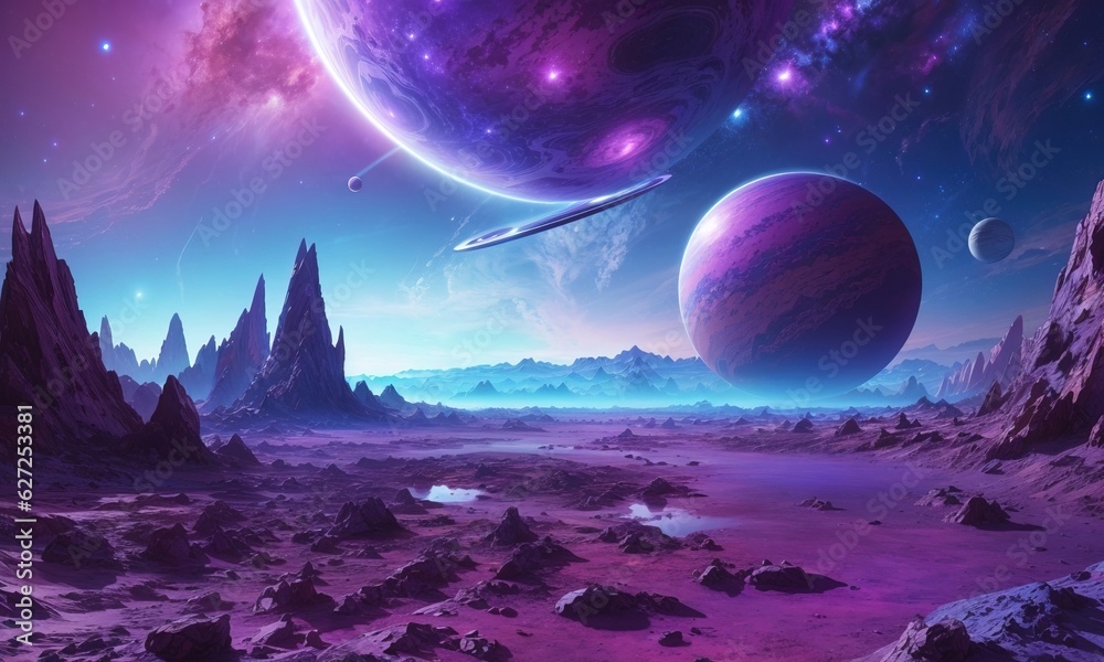 Alien Planet Landscape Purple And Blue Galaxy On The Background