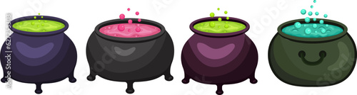 Halloween attributes, witches. Potions cauldron Potion cauldron, witch's cauldron, cast iron. Potion, decoction. Halloween. Set, vector