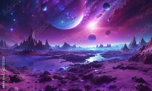 Alien Planet Landscape Purple And Blue Galaxy On The Background