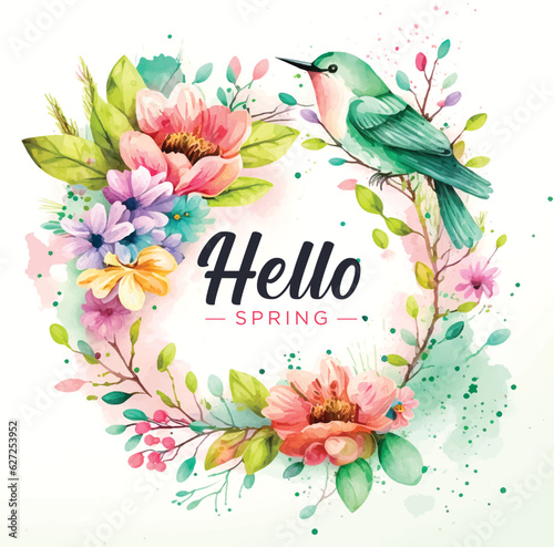 Hello Spring watercolor paint ilustration 