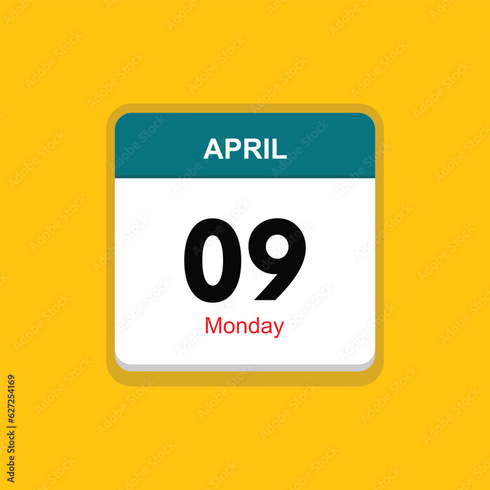 monday 09 april icon with yellow background, calender icon