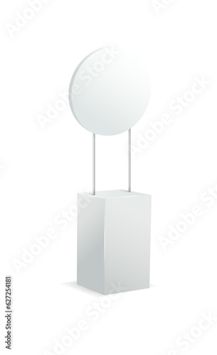 Advertising stands. Realistic modern simple, 3d promotional desk with sign top, clean empty promo tables with signboard white mockup. Vector