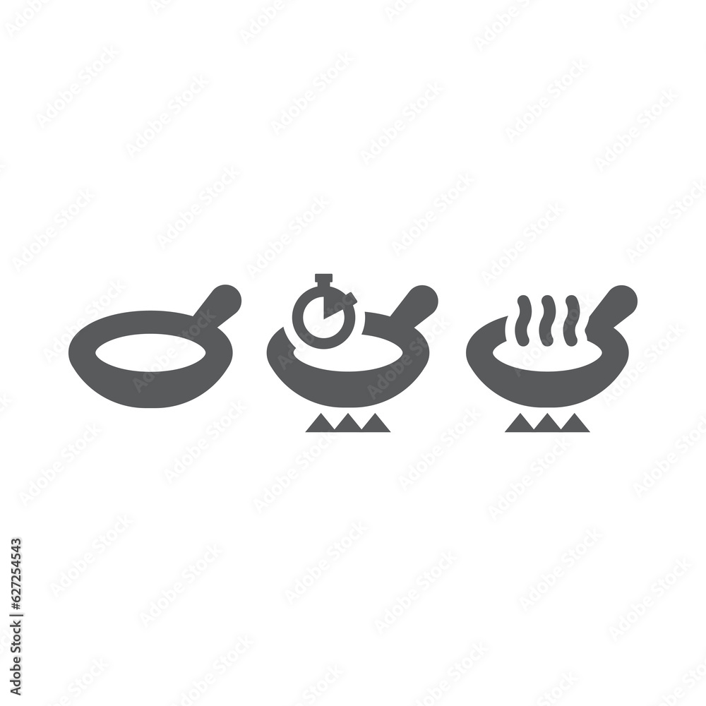Fototapeta premium Frying pan on stove, cooking time vector icons. Hot pot, preparing foot icon set.