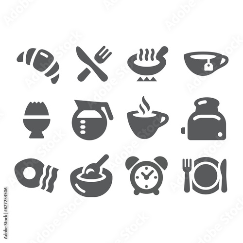Breakfast and coffee vector icon set. Cereal bowl, eggs and bacon and tea morning icons.
