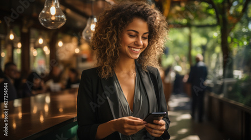 Portrait of smiling businesswoman using mobile phone while standing in cafe.