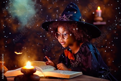 Little African American witch with candle makes spell using magic book. Halloween concept