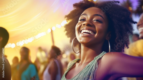 happy young adult woman in nightlife, beach party or open air discotheque, dark skin afro american or african american or fictional, laughing dancing and having fun photo