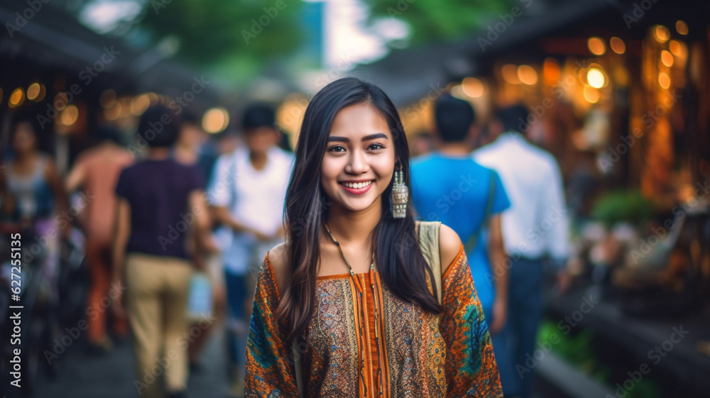 young adult woman, tanned skin tone, local tourist, summer style, big smile because happy and content, with many locals, early evening, fun and joy young adult woman, tanned skin tone, local tourist, summer style, big smile because happy and content, with many locals, early evening, fun and joy
