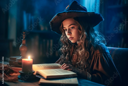 Little girl witch in witches hat with candle makes a spell using magic book. Halloween concept
