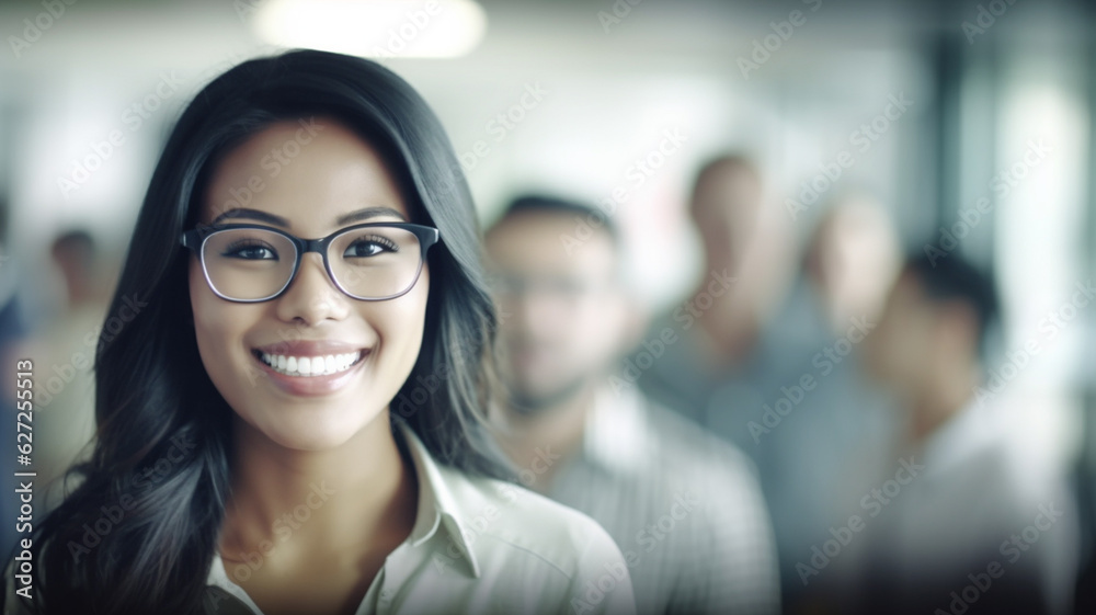 everyday working life in office, multi-ethnic young adult woman, 30s, dark curly hair, joyful satisfied and happy, job and working, co-workers in background, blurred