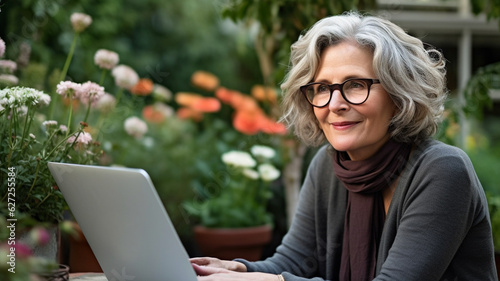 mature adult woman with gray hair, glasses, caucasian, 50s 60s, using computer laptop sitting with notebook in cafe or own garden, online or remote job or self employed, fictional location