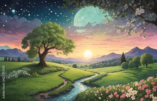 Fantasy Large Grassland With River And tree