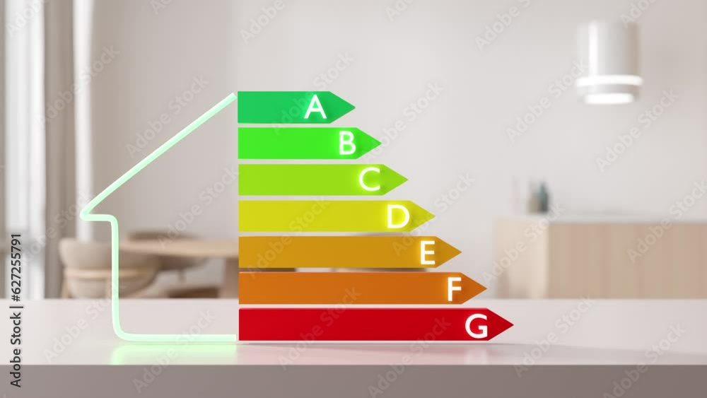 Energy efficiency rating chart and home interior. Ecological and bio energetic house. Energy class, performance certificate, rating graph. Eco friendly, energy saving. Animated 3D rendering.
