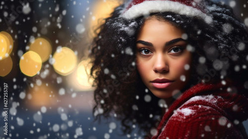 young adult woman wearing santa claus hat, outdoors while snowing, snowflakes, christmas bokeh, long brunette hair, contemplative thoughtful dreamy, evening