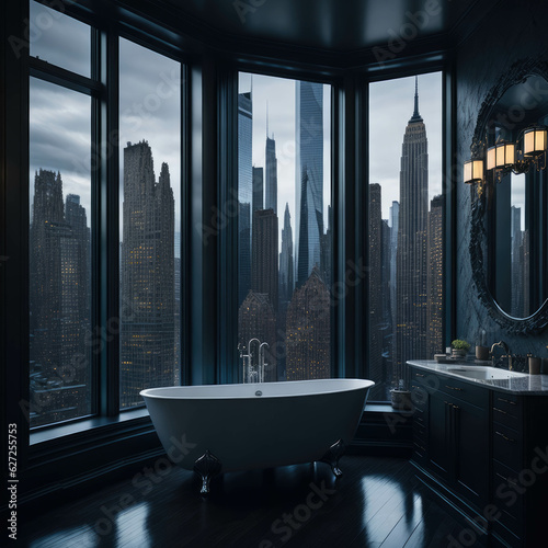 Modern NYC Interior Design Of Bathroom, Decorative Wall And Bathtub, large Panoramic Window With View, Generative AI © Phoenix_Renders